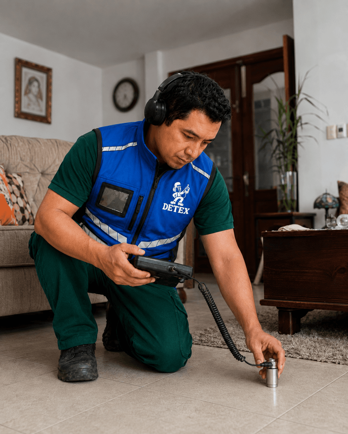 Especialista de DETEX realizando una inspección de fuga de agua en un piso