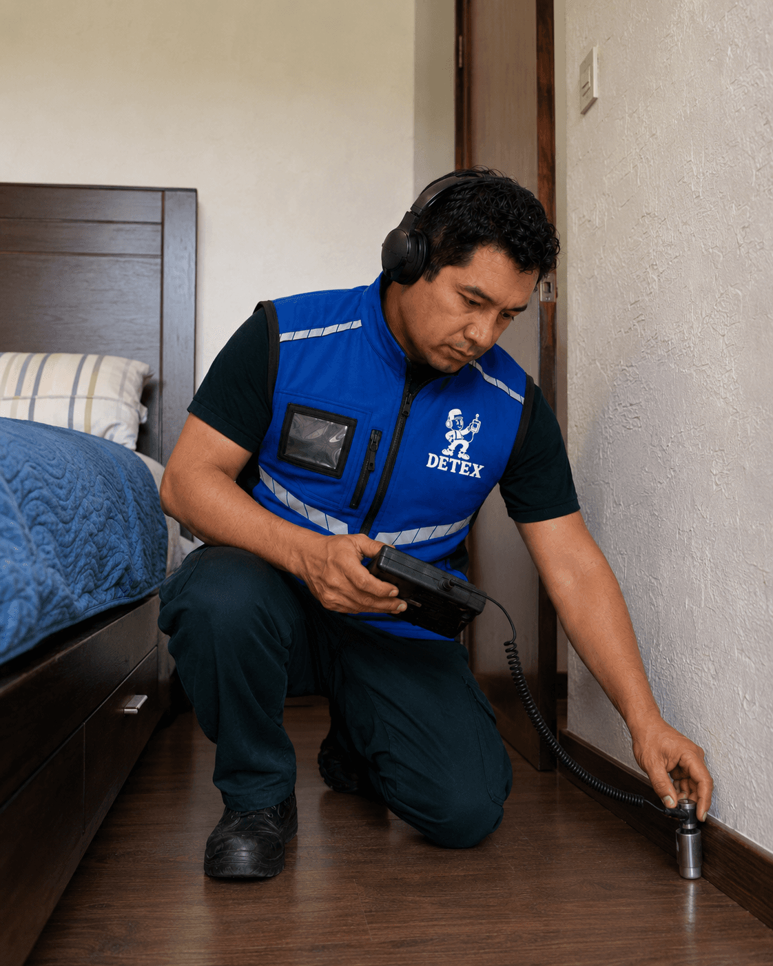 Técnico utilizando un geófono junto a una pared