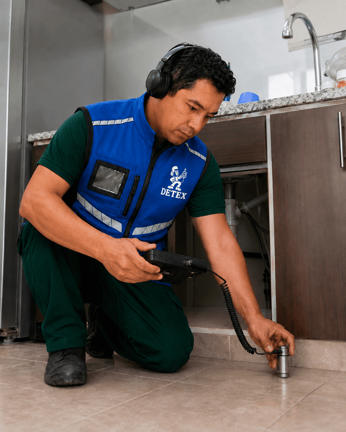 Técnico utilizando un geófono para localizar una fuga