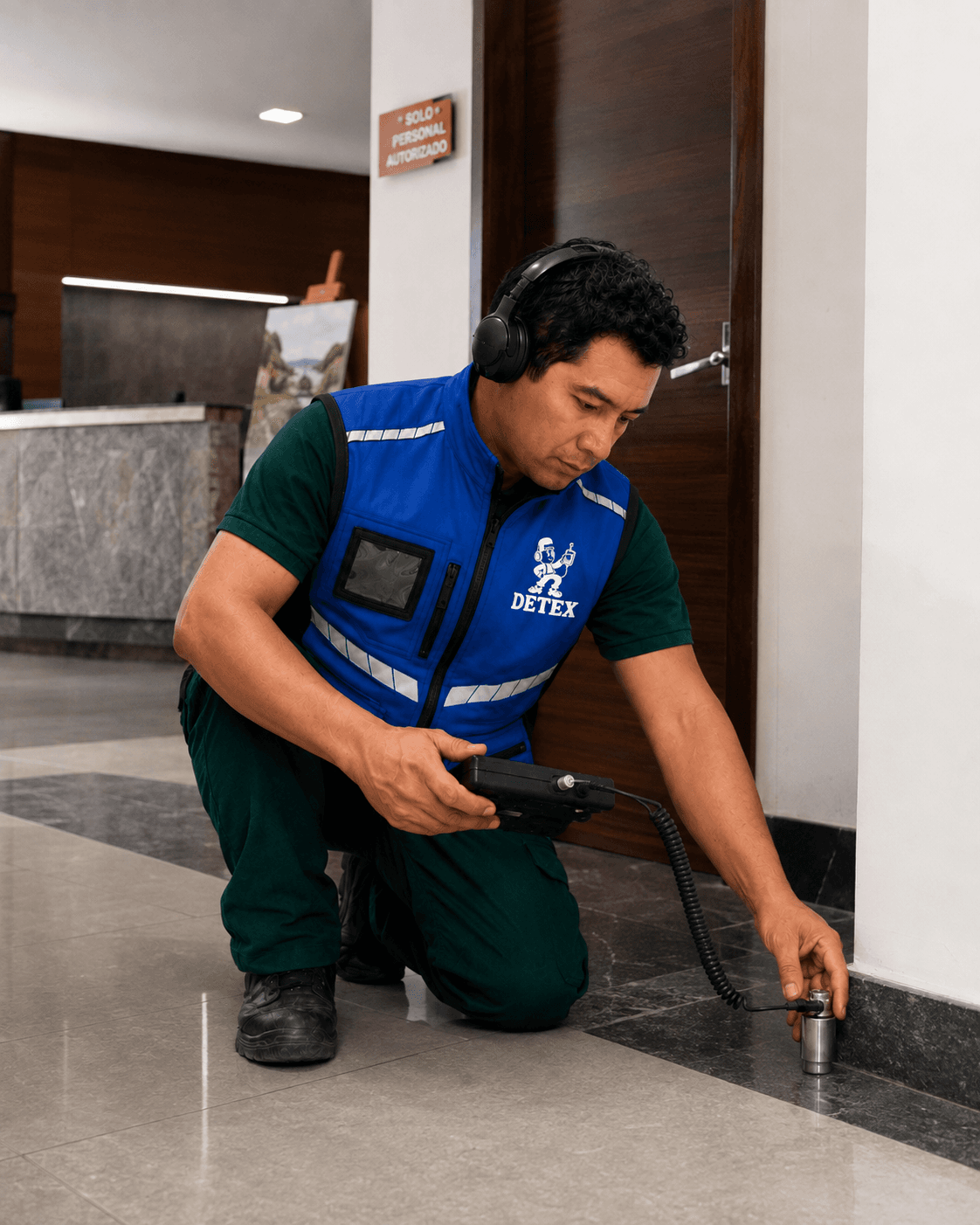 Técnico de DETEX realizando una detección de fuga en un edificio
